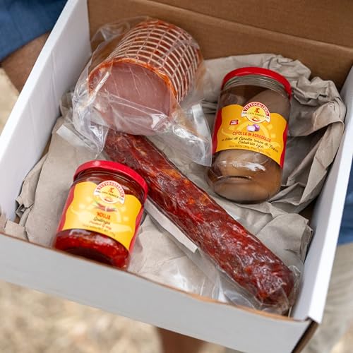 Pizza Kit Calabrese Box Geschenkbox: Salamino, Filet Casareccio, Rote Zwiebel von Tropea, Nduja di Spilinga - Gastronomische Spezialitäten perfekt für Aperitifs, Pizza und Brötchen - Sapori