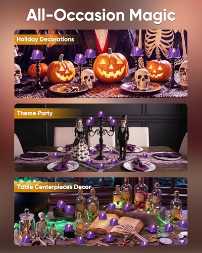 Image of Homemory Purple Dripping Flameless LED Tea Lights, 1.58 inch x 1.2 inch Battery Operated Flickering Fake Candles, 200+ Hours Electric Votive Tealights for Wedding, Halloween, Christmas Centerpieces, 12 Pack