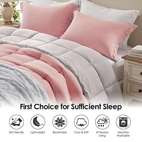 Homelike Moment Comforter Set, Queen Size Pink And Grey Bed Comforters, All Season Lightweight Full Bedding, Reversible Duvet Insert 3 Pieces - 1 Comforter 2 Pillow Shams, Summer Blanket #TOP1