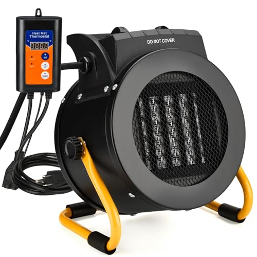 LHUKSGF Greenhouse Heater with Thermostat, Outdoor Heaters for Patio, 3 Modes for PTC Ceramic Fast Heating, Overheat Protection, IPX4 Waterproof for Greenhouse, Grow Tents, Patio, Yellow-Black