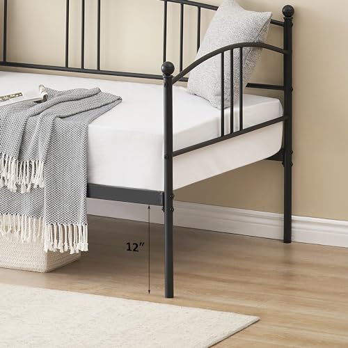 Image of Garvee Twin Daybed with Trundle, Sturdy Metal Day Bed with Arched Headboard and Steel Slat Support, Pullout Trundle with 6 Casters, Sofa Bed for Living Room Bedroom and Guest Room, Black | Pullout Trundle, Six Smooth Casters, Space-Saving Design, Extra Sleeping Space, Easy Assembly, Black