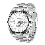 Orologi da uomo alla moda impermeabile automatico in acciaio inox e pelle cronografo orologio al quarzo business automatico data orologio da polso, Cinturino in acciaio inossidabile argento,