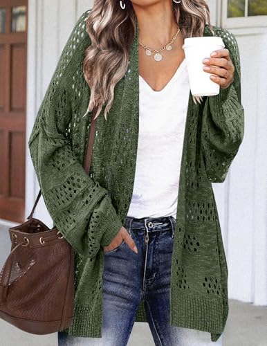Image of HOTOUCH Womens Lightweight Crochet Cardigan Sweaters Summer Boho Kimonos | Long Sleeve Oversized Knit Tops Duster,2026 Trendy Open Front Outfits,Spring Fashion Cute Clothes,Beach Vacation Cover Up
