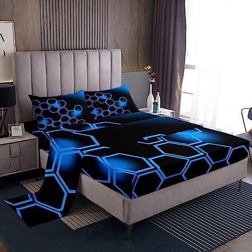 Blue and Black Bed Sheets Set Full Size Honeycomb Sheet Set for Kids Boys Girls Decor Geometrical Sheets with Deep Pocket Fitted Sheet Beehive Pattern Blue Bedding Set Bedroom
