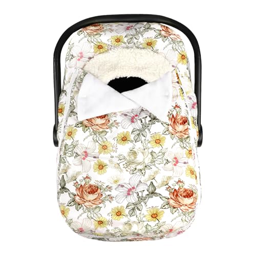 Image of Baby Car Seat Cover Winter, Super Warm Baby Carseat Cover for Girl Boy, Plush Fleece Infant Car Seat Cover, Double Sides Zipper Carseat Canopy Covers, Purple Floral, Yellow Vintage Floral