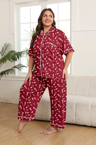 Image of Vozanet Women's Plus Size Pajamas Button Down Shirt and Pants Soft Lounge Sets Bride Nighty Bottom with Pockets 1x to 5x