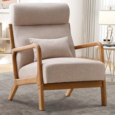 IOMOR Accent Chair Mid Century Modern Chair with High Back, Armchair Living Room Chairs with Solid Wood Frame Comfy Upholstered and Lumbar Pillow Easy Assembly for Living Room Bedroom, Beige Cover