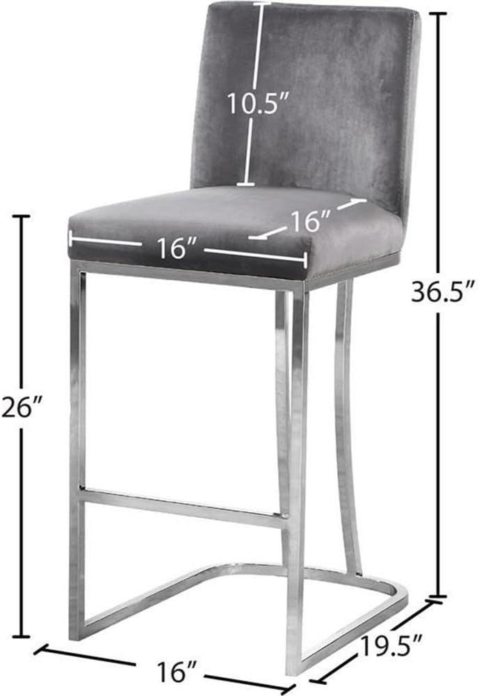 Meridian Furniture Heidi Collection Modern | Contemporary Velvet Upholstered Counter Stool with Polished Chrome Metal Legs, 16" W x 19.5" D x 36.5" H, Grey