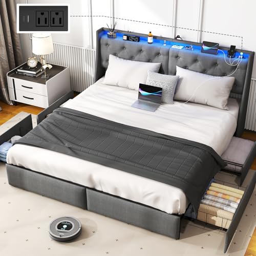 SADENICEL King Size Bed Frame with Storage Headboard, Metal Platform Bed Frame King with 4 Drawer, LED Light, Charging Station, No Box Spring Needed,