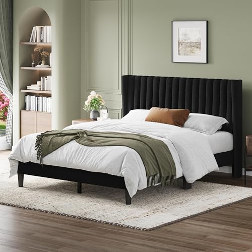Image of Yaheetech Queen Bed Frame with Headboard, Black Channel-Tufted Platform