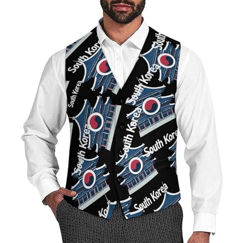 South Korea Flag Men's Suit Vests Dress Vest V-Neck Waistcoat Slim Business Formal with Pocket