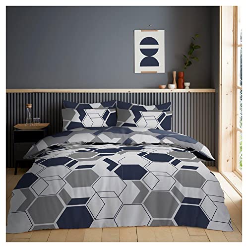 Lions 4 Piece Geometric Complete Bedding Set – Reversible Quilt Covers, 1x Double Duvet Cover 1x Fitted Bed Sheet 2x Matching Pillowcase, Poly Cotton Soft Shapes Bed Sets, Navy Grey