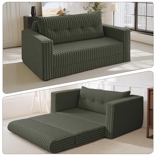 Image of HABUTWAY 49.8 inch Loveseat Boneless Couch, 4-in-1 Convertible Sofa Bed, Plush Fur Folding Futon Sofa Bed Couches with a Pillow for Living Room, High-Density Foam Support, No Assembly Required, Green
