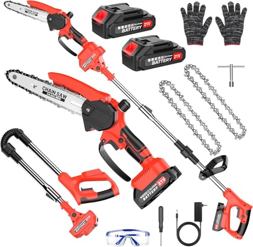 Motosierra Batería Sin Cable, 2 en 1 Mini Motosierra y Podadora de Pértiga, con 2 Baterías de 1500mAh, Sierra de Poda Telescópica Eléctrica, Guantes para Podar Arboles Patio de Jardín árboles