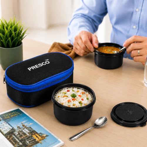Image of PRESCO Insulated Lunch Box Set (2 Microwave Safe Inner Steel Containers, 450ml*2; with Steel Spoon) with Insulated Fabric Bag, Lunch Box for Office Use, Leak Proof, Tiffin Box for Men (Black)