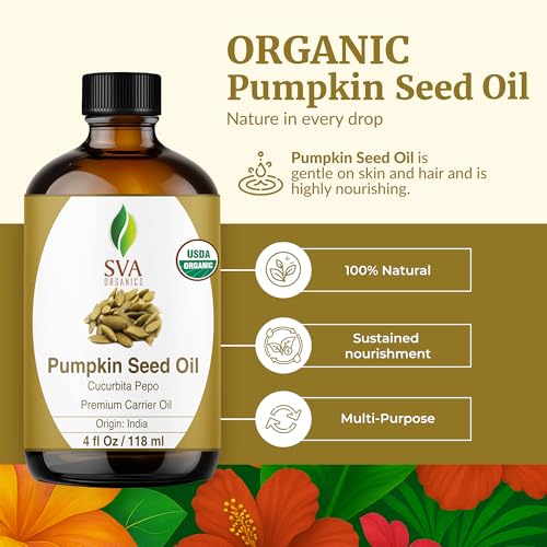 Image of SVA Organic Pumpkin Seed Oil, Glass Bottle with Dropper, 4 Fl Oz (118 ml) | Pumpkin Seed Carrier Oil for Hair Care, Hair Oiling, Scalp Massage, Facial Oil, Skin Care, Body Massage & DIY Beauty Recipes