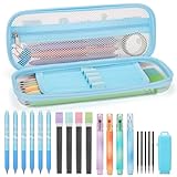 CICIGETI 26 Stück Schreibwaren Set mit Federmäppchen, 4 Pastell Textmarker, 6 Radierbare Gelstifte, 4 Druckbleistifte mit 4 Schachteln Ersatzminen, School Stuff, Schulbedarf, Geschenke Mädchen, Blauem
