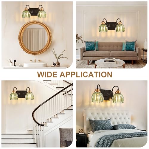 Image of Vintage Gold Bathroom Light Fixtures, 2 Light Green Tulip Crystal | Brushed Gold Vanity Lights, Matte Antique Brass Finish, Mid Century Style, Wall Sconces for Bedroom, Hallway, Easy to Install