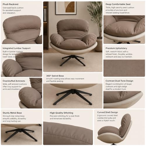 Image of The Attic Shella Lounge Chair,Comfy Chair for Living Room, Relaxing Chair for Bedroom, 360 Chair; Caramel, Cream
