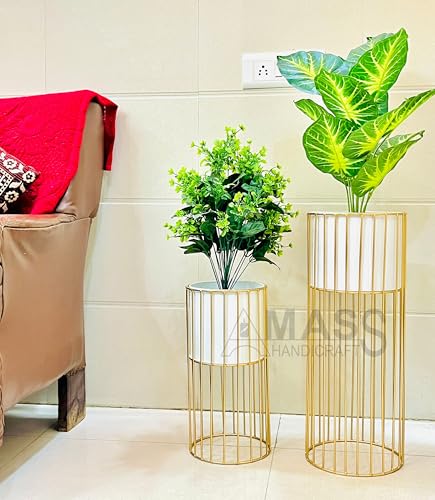Image of Modern Metal Decorative Floor Standing White And Gold Indoor Outdoor Plant Stand With Pot For Home Decor Living Room Office Bedroom Balcony Set of 2 Flower Pots (White)