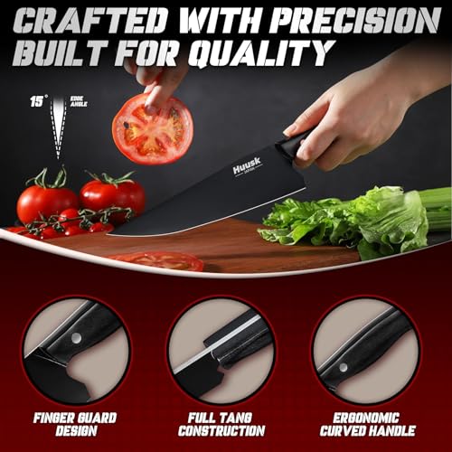 Image of Huusk Japanese Chef Knife Set for Kitchen - 3 pcs Black Kitchen Knife Set with Titanium Coating, Stainless Cutting Knives Sets, Professional Cooking Knives for Vegetable Fruit Meat, Christmas Gift Men