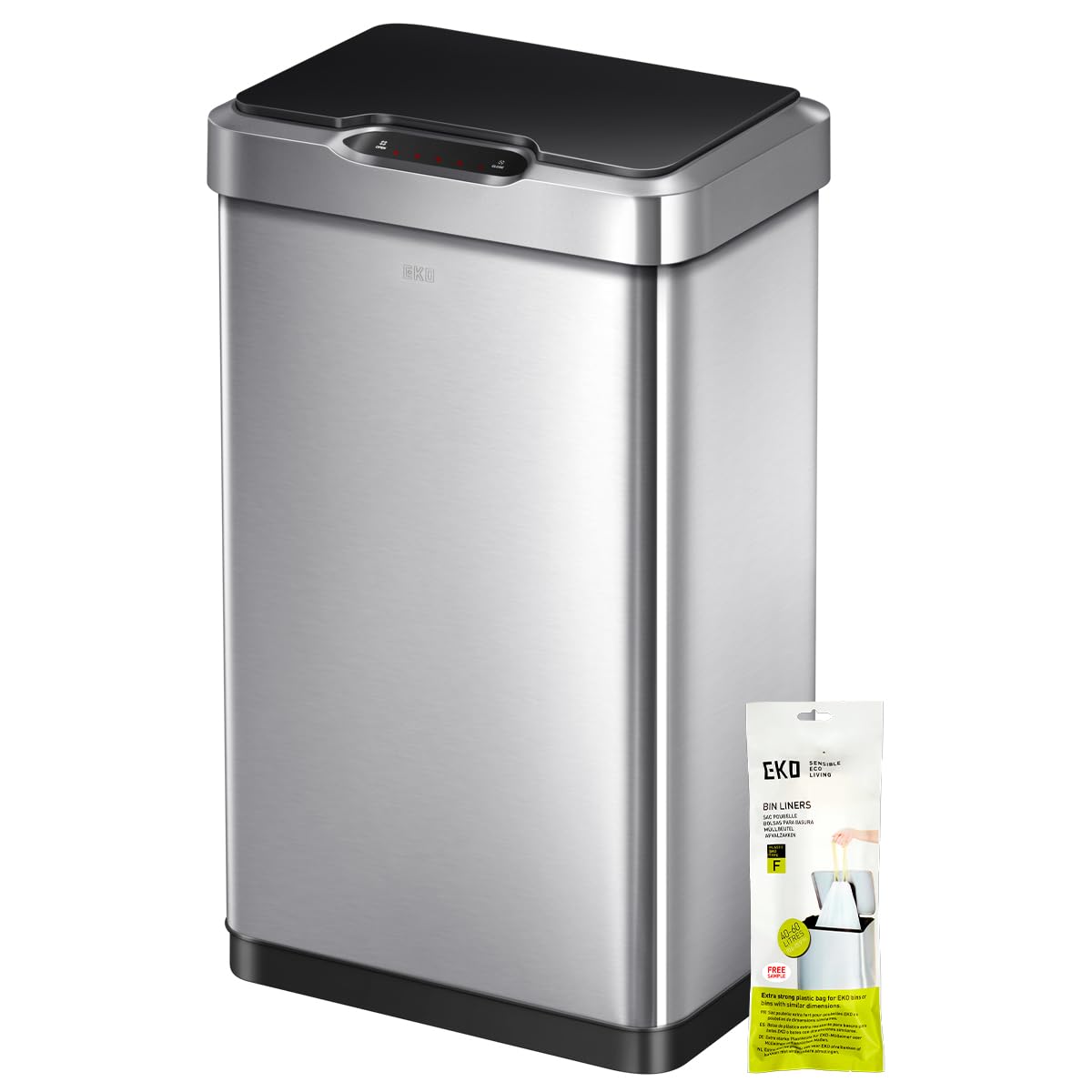 EKO Mirage-T 50L Touchless Sensor Bin, Fingerprint-Resistant Motion-Activated Rectangular, Silent Soft Close & Stay-Open Lid, Waste Bin for Home, Kitchen, and Office, Brushed Stainless Steel