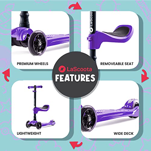 Lascoota 2-in-1 3-Wheel Scooter - Purple, Ages 3-12, 100 lb Max - Toddler & Kids Scooter with Removable Seat & 4-Position Adjustable Handlebars - Lean-to-Steer Balance & LED Light-Up Wheels