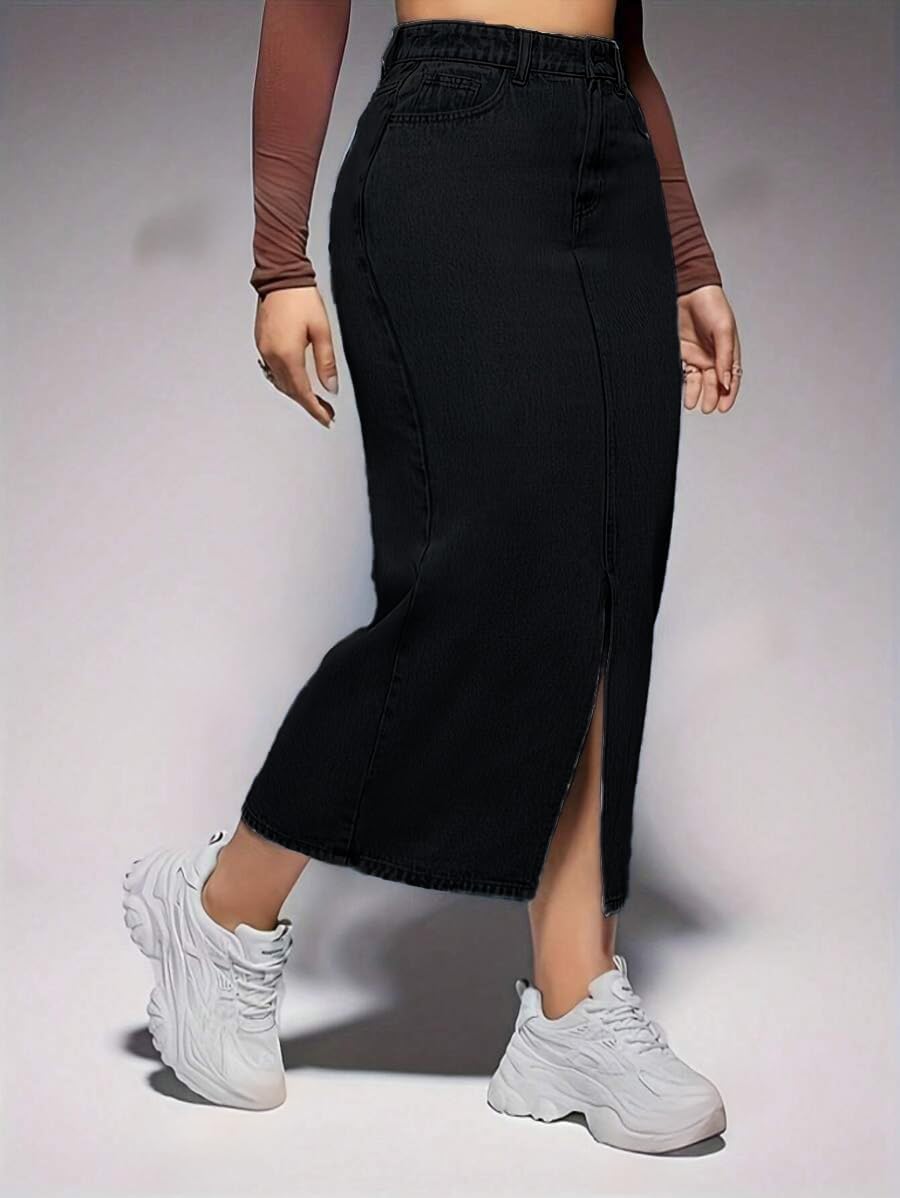 Women's Casual Slit Denim Midi Jean Skirt Stretch High Waisted Button Up Frayed with Pockets - Image 5