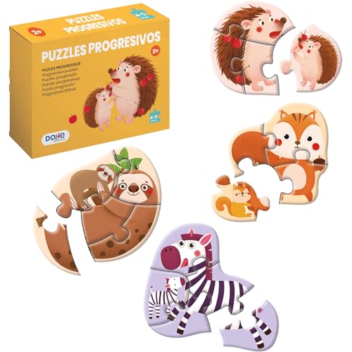 Dohe Educa - Puzzles Progresivos Infantiles - Pack con 4 Puzzles de 4 y 5 Piezas de Cartón, Temática Animales, Rompecabezas para Niños 2 3 Años, Material Educativo