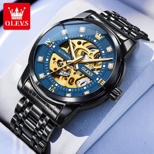Image of OLEVS Mens Automatic Watch Skeleton Diamond Luxury Mechanical Self Winding Dress Wrist Watch Waterproof Luminous