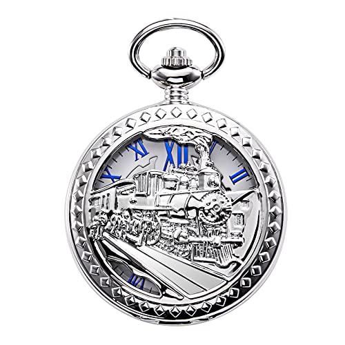 TREEWETO Antiek Mens Pocket Watch Skelet Mechanisch Hollow Brons Case 3D Steam Train Railroad Romeinse Numerals, Zilver055, Mechanisch
