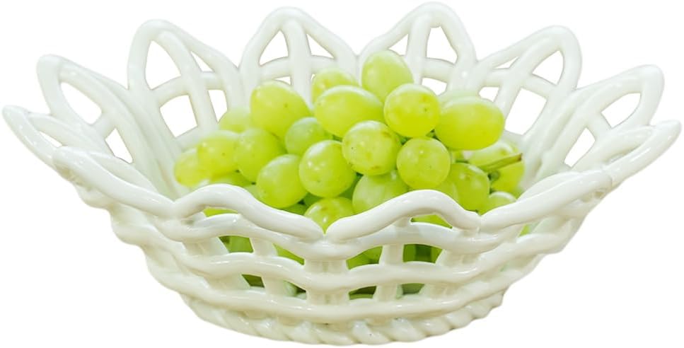 Ceramic Fruit Bowl Basket, White Handmade Lattice Design, 46.5 cm Width, Modern Decorative Serving Bowl for Kitchen Counter (XL, W)
