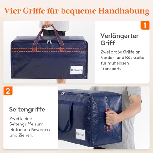 Lifewit 4 Stück 90L Umzugstaschen mit Griff, Aufbewahrungstasche für Bettdecken, Große Tasche mit Reißverschluss, Bettwäsche Aufbewahrung… – Ansicht 3