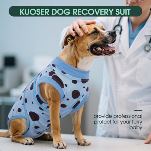 Image of Kuoser Dog Surgery Suit, Soft Dog Spay Recovery Suit Female, Anti Licking Neuter Recovery Suit for Male Dogs, Post-Op Pet Surgical Suit Protective Wear E-Collar & Cone Alternative,Blue Polka Dots S