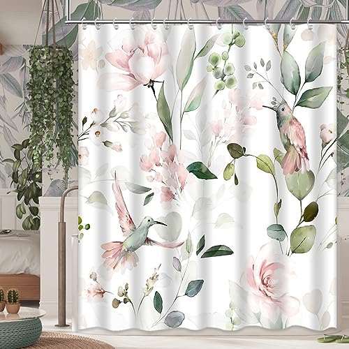 Lovely Hummingbird Shower Curtain Elegant Pink Floral Green Leaves Botanical Plant Bath Curtain Polyester Fabric Bathroom Shower Curtain