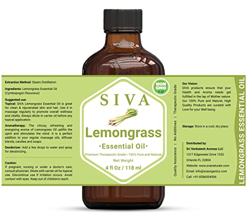 Siva Lemongrass Essential Oil 4 Fl Oz With Premium Glass Dropper– 100% Pure, Natural, Undiluted & Therapeutic Grade, Great For Skincare, Scalp & Hair Care, Aromatherapy, Diffuser, Soaps & Candles #TOP1