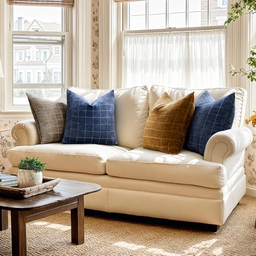 Image of MIULEE Navy Blue Plaid Decorative Throw Pillow Covers 12x20 Set of 2 | Vintage Check Chenille Couch Pillows Neutral Boho Farmhouse Cushion Covers Modern Home Decor for Sofa Bed Living Room