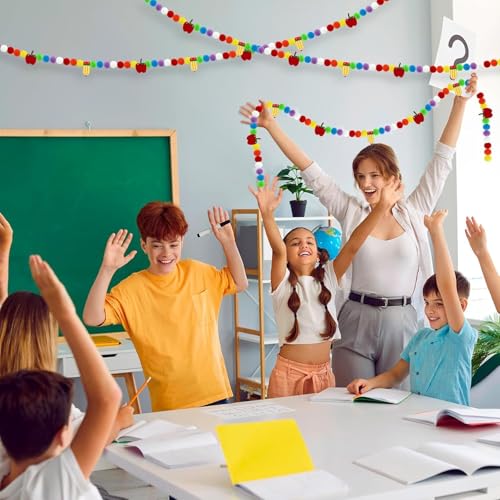 Image of 3 Pcs Back to School Felt Banner Pencil Apple Garland Classroom Return to School Pom Pom Ball Garland Colorful Pompom Hanging Banner Hanging Garlands for First Day of School Classroom Decorations