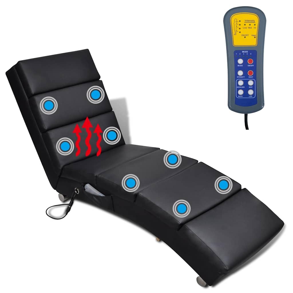 Fotel do masażu, czarny, sztuczna skóra, ergonomiczny leżak z 5 trybami masażu i funkcją ogrzewania, 8 punktów masażu, metalowe drążki, pilot zdalnego sterowania