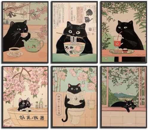 Amazon.com: Set of 6 Funny Black Cat Wall Art Japanese Poster Print ...