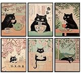 Set of 6 Funny Black Cat Wall Art Japanese Poster Print Whimsical Animal Painting Picture Eclectic Vintage Japan Artwork Wall Decor for Living Room Bathroom Bedroom Kitchen 8x10in Unframed