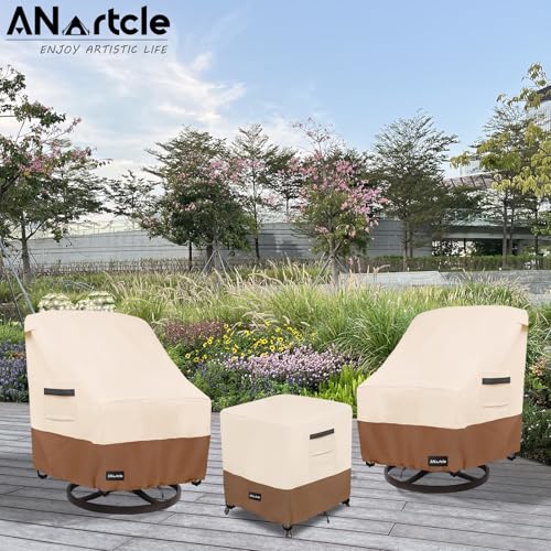 Image of ANartcle 3 Pieces Patio Bistro Sets Cover,600D Waterproof Heavy Duty Patio Furniture Covers,Includes 2 Outdoor Swivel Chair Covers and 1 Patio Wicker Side Table Cover(Beige&brown)