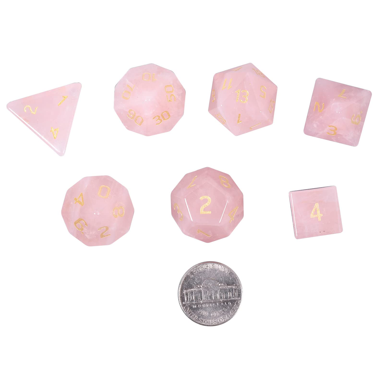 rockcloud Rose Quartz Crystal DND Polyhedral Dice Set of 7, Healing Crystal Stone Hand-Made Dices with Dice Box for RPG MTG Table Games Home Office Decor