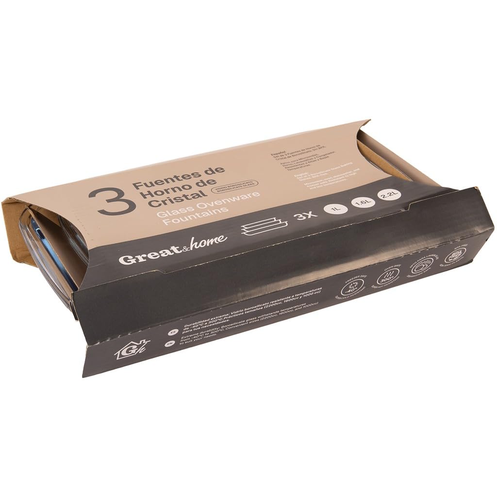 Bandejas de Horno Cristal, Set 3 Fuentes 1L, 1,6L y 2,2L | Aptas para horno, microondas y lavavajillas, cristal resistente al calor, hornear, asar y gratinar, de horno a mesa