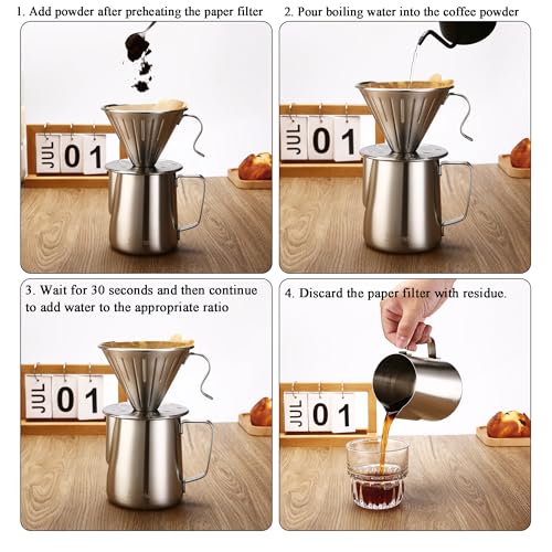 Lalord Pour Over Kaffeefilter, 304 Edelstahl mit 100 Stück Papierfilter Größe 02 (Kaffee-Tropfer)