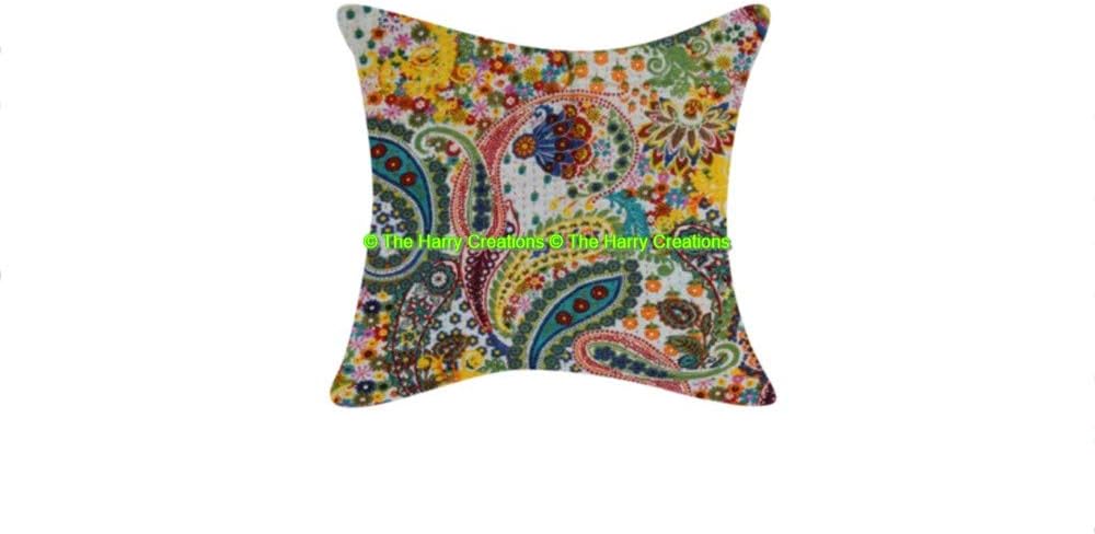 The Harry Creations Ethnic Home Case Sofa Throw Decorative Boho Decorative Indian Design Pillow Cotton Square Paisley Colorful Bohemian Kantha Cushion Cover (White, 01 Pcs (16"x 16"))