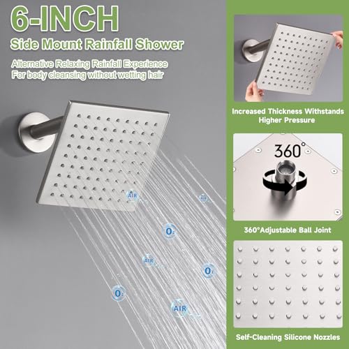 Image of Shower System Brushed Nickel Dual Shower Head with Body Jets, Oupukle Four Modes Shower Faucet Set Wall Mounted 12 inch & 6 inch Rain Shower Head with 6PCS Body Jets