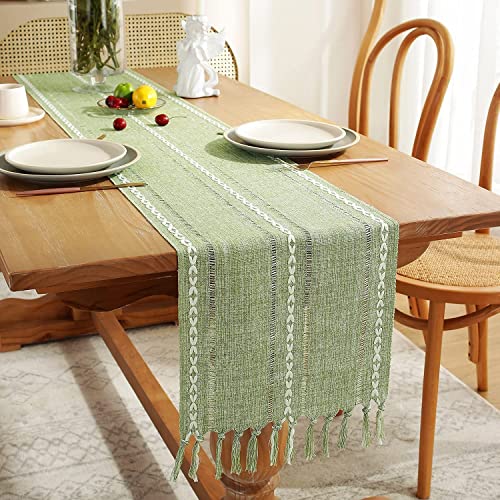LOMOHOO Cotton Linen Table Runner Green Embroidered Farmhouse Table Runners 90‘’ Long for Kitchen and Dining Table Decoration 228x33cm