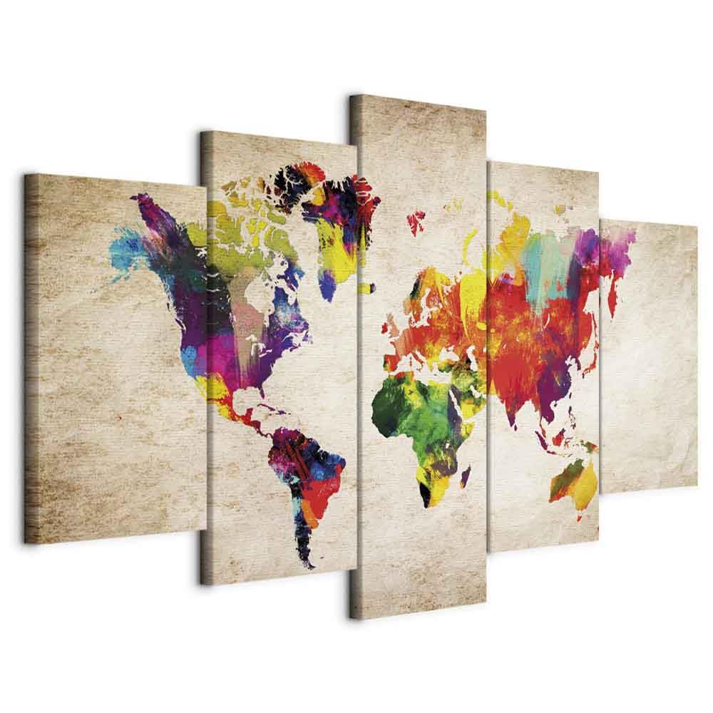 murando - Quadro Mappamondo Colorato 225x112.5 cm 5 Pezzi - Stampa su Tela con Struttura - Quadri Componibili Moderni Soggiorno Grandi - Planisfero da Parete - Mappa del Mondo Astratta k-C-0083-b-m