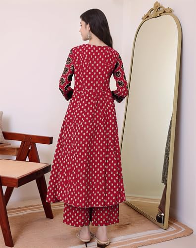 Image of ANNI Designer Women's Pure Cotton Anarkali Kurta Set for Women with Dupatta & Plazzo - Hand Block Print Suit Set | Stylish Dress | Cotton Kurta Set for Women